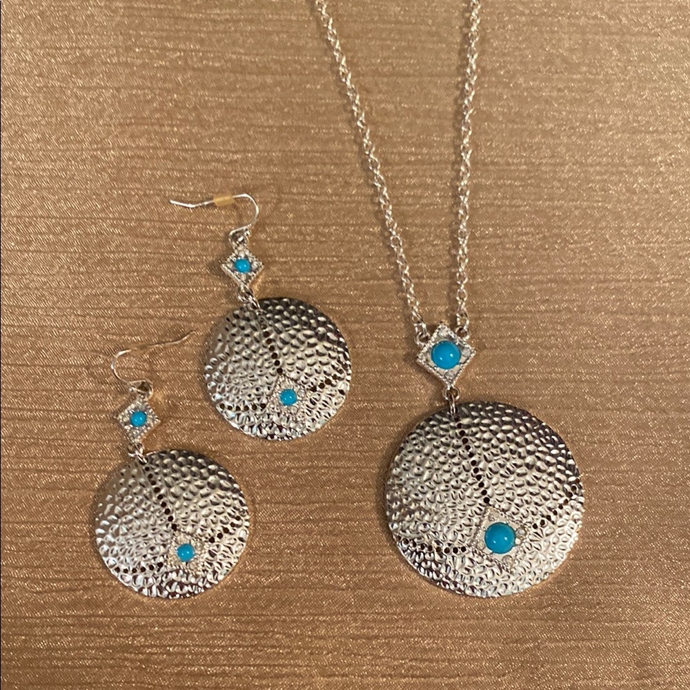 Avon Silver Earrings with Turquoise Accents - exotic hammered drop